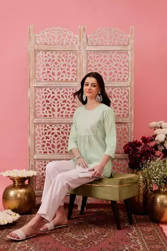 Hand embroidered green cotton lucknowi chikankari short kurti