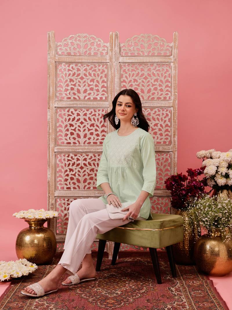Hand embroidered green cotton lucknowi chikankari short kurti