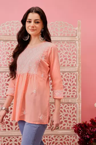 Hand embroidered peach cotton lucknowi chikankari short kurti
