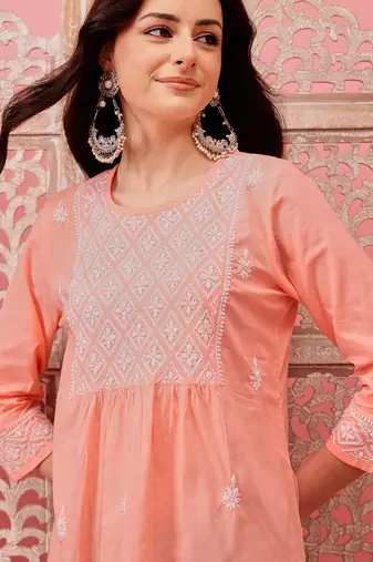 Hand embroidered peach cotton lucknowi chikankari short kurti