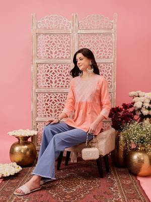 Hand embroidered peach cotton lucknowi chikankari short kurti 6