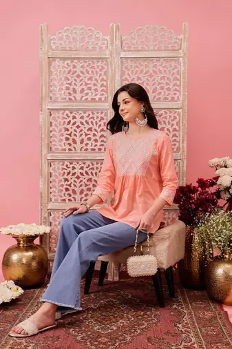 Hand embroidered peach cotton lucknowi chikankari short kurti