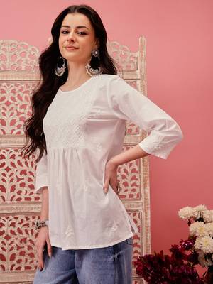 Hand embroidered white cotton lucknowi chikankari short kurti 3