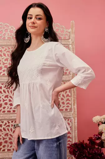 Hand embroidered white cotton lucknowi chikankari short kurti