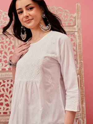 Hand embroidered white cotton lucknowi chikankari short kurti 4
