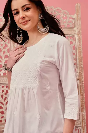Hand embroidered white cotton lucknowi chikankari short kurti
