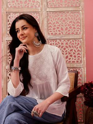 Hand embroidered white cotton lucknowi chikankari short kurti 5