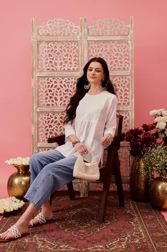 Hand embroidered white cotton lucknowi chikankari short kurti