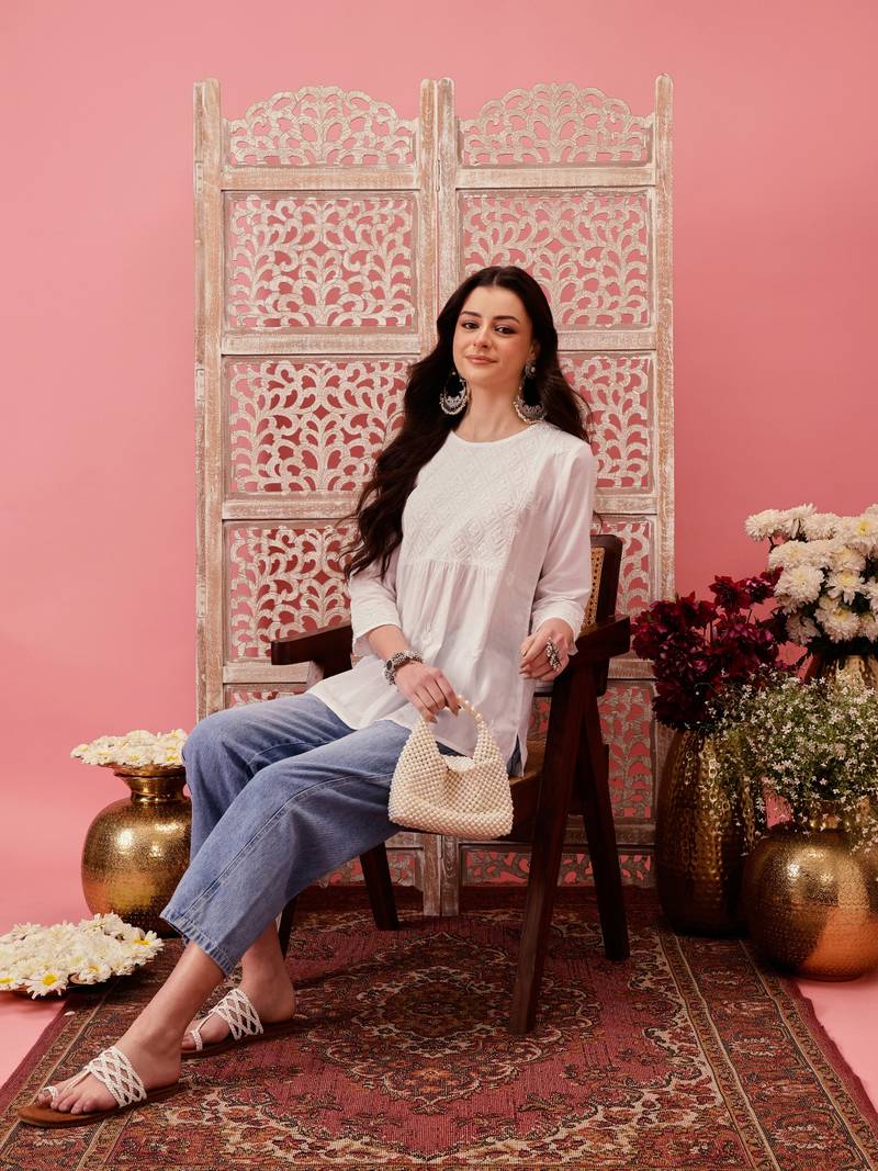 Hand embroidered white cotton lucknowi chikankari short kurti