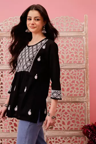 Hand embroidered black cotton lucknowi chikankari straight kurti