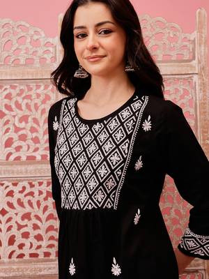 Hand embroidered black cotton lucknowi chikankari straight kurti 4