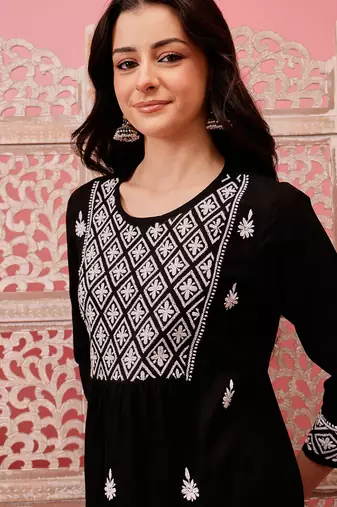 Hand embroidered black cotton lucknowi chikankari straight kurti