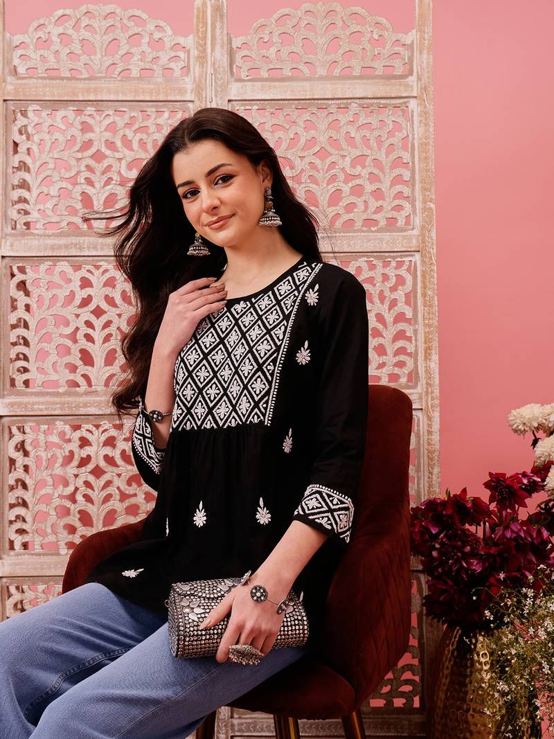 Hand embroidered black cotton lucknowi chikankari straight kurti