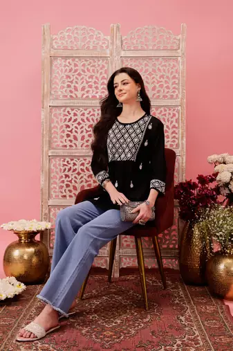 Hand embroidered black cotton lucknowi chikankari straight kurti