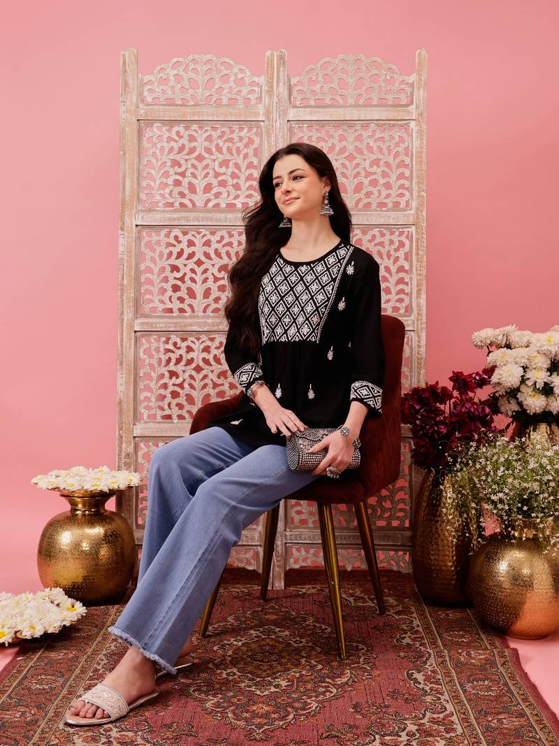Hand embroidered black cotton lucknowi chikankari straight kurti