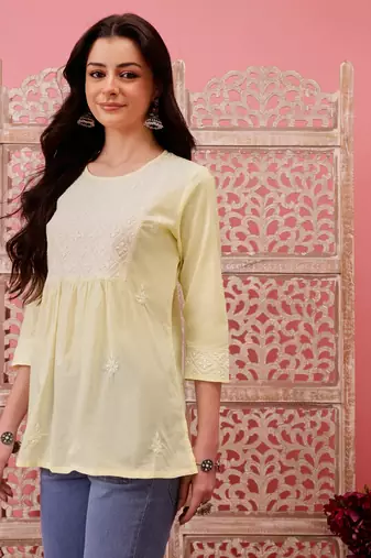 Hand embroidered lemon cotton lucknowi chikankari short kurti