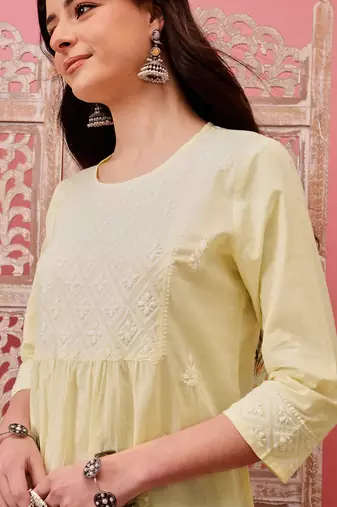 Hand embroidered lemon cotton lucknowi chikankari short kurti