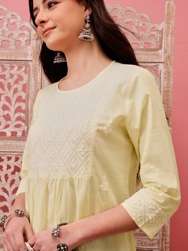 Hand embroidered lemon cotton lucknowi chikankari short kurti
