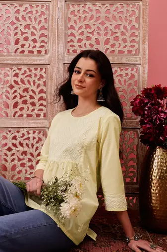 Hand embroidered lemon cotton lucknowi chikankari short kurti