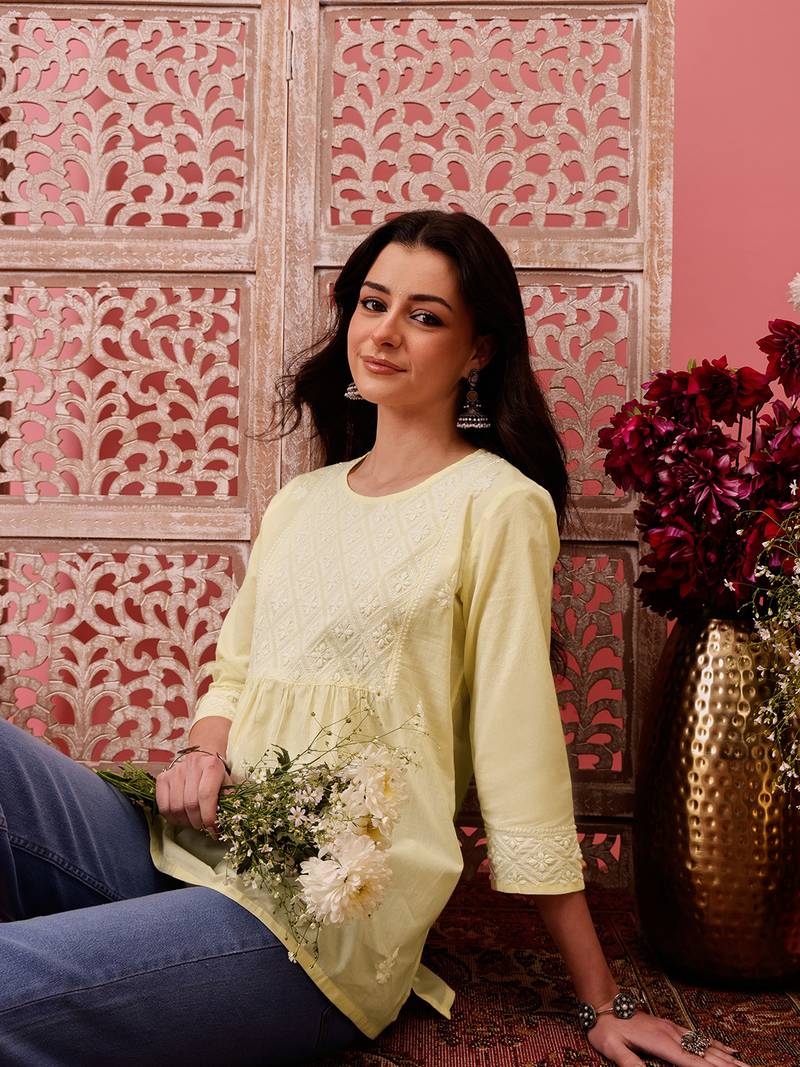 Hand embroidered lemon cotton lucknowi chikankari short kurti