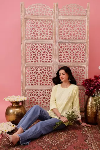 Hand embroidered lemon cotton lucknowi chikankari short kurti