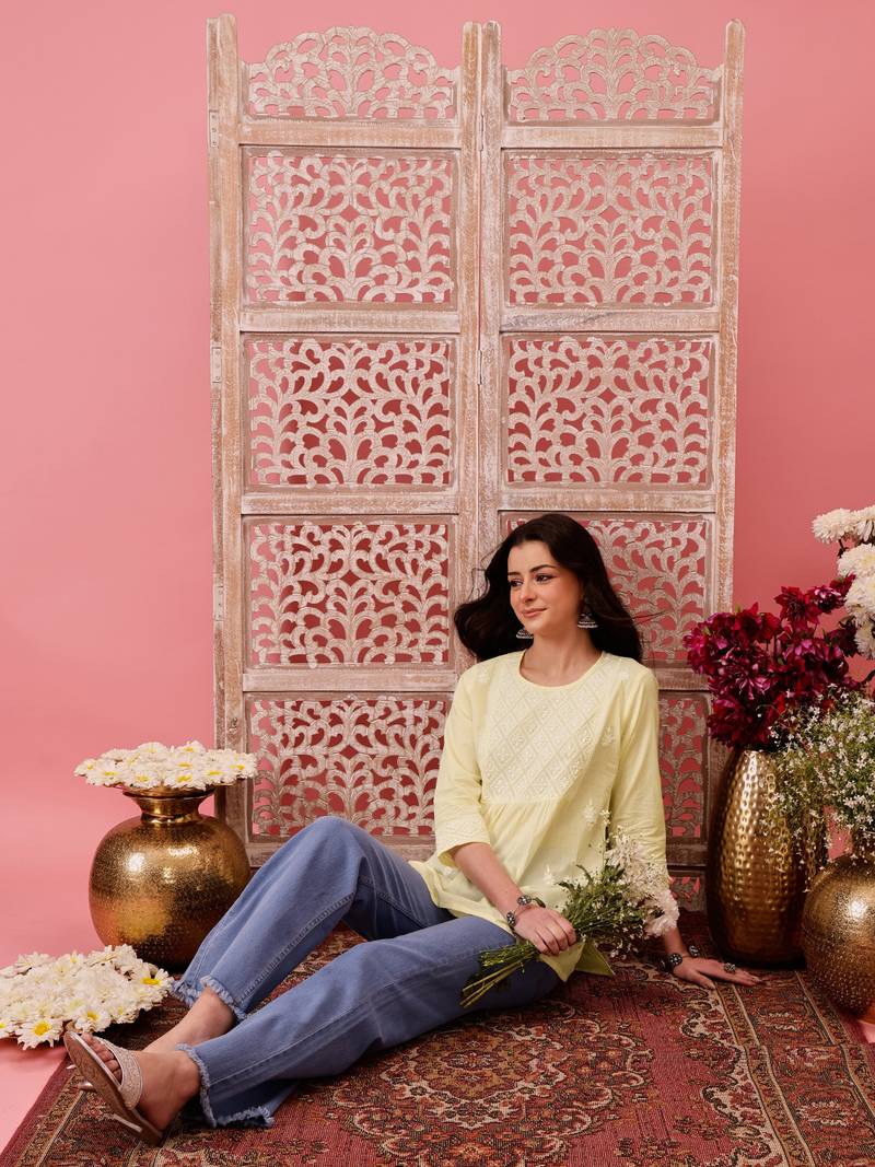 Hand embroidered lemon cotton lucknowi chikankari short kurti