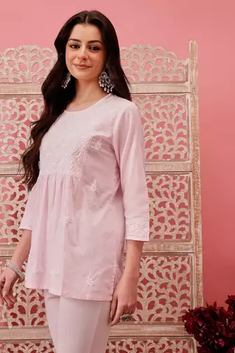 Hand embroidered baby pink cotton lucknowi chikankari short kurti