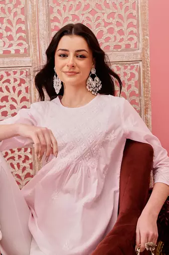 Hand embroidered baby pink cotton lucknowi chikankari short kurti