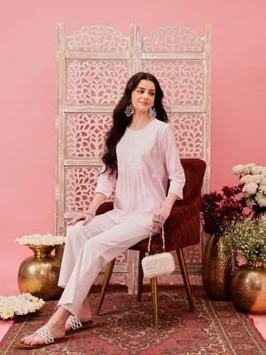 Hand embroidered baby pink cotton lucknowi chikankari short kurti 6