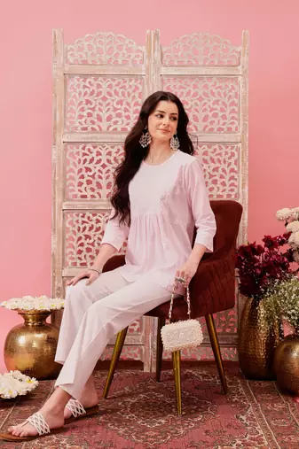 Hand embroidered baby pink cotton lucknowi chikankari short kurti