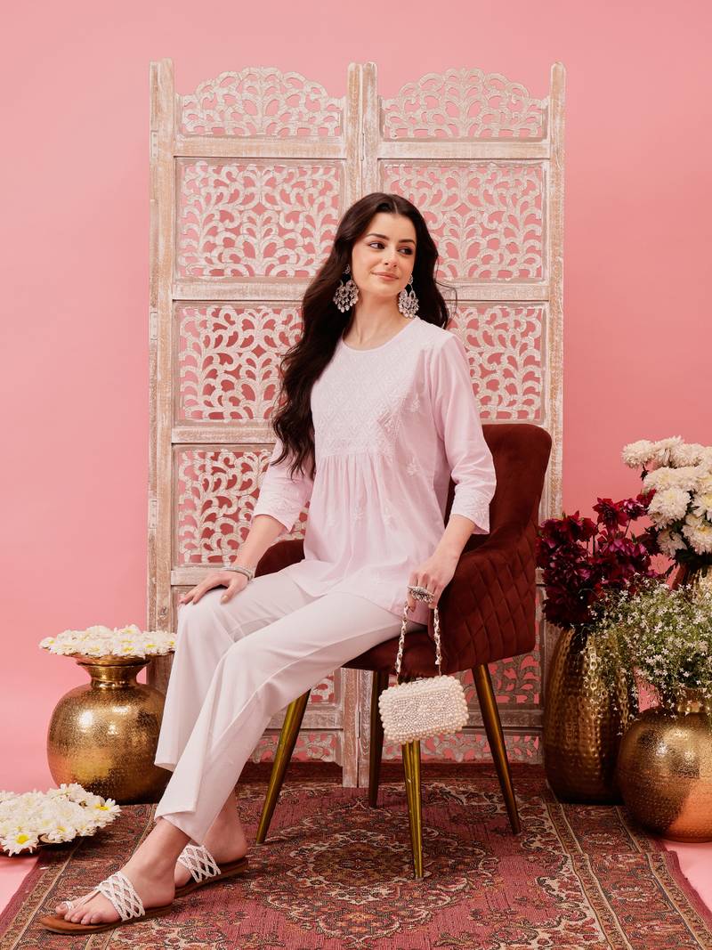 Hand embroidered baby pink cotton lucknowi chikankari short kurti