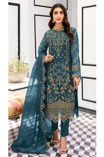 elegant blue organza pakistani suit for women