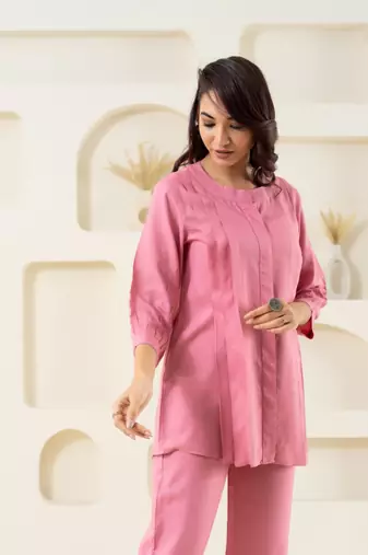 Pink pleated flared solid top