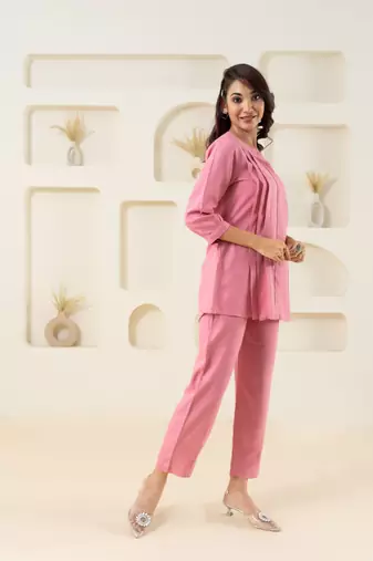 Pink pleated flared solid top