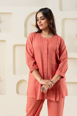 Peach pleated flared solid top 2