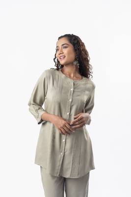 Light mocha pleated band collar shirt 2