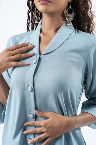 Light blue shawl collar shirt with curved sleeves