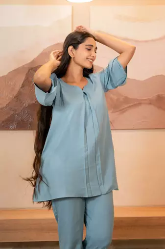 Sky Blue sweetheart neck with flared sleeve top