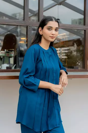 Sapphire front pleated flared top