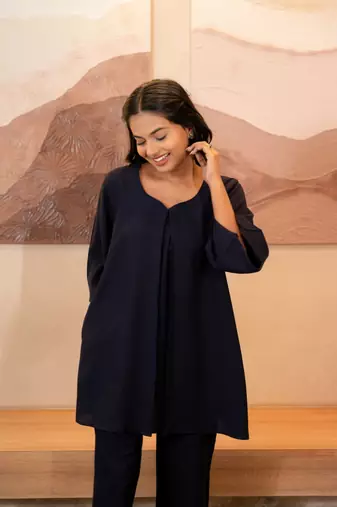 Navy blue sweetheart neck with flared sleeve top