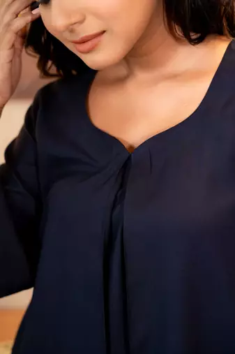 Navy blue sweetheart neck with flared sleeve top