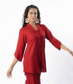 Maroon shawl collar shirt with curved sleeves