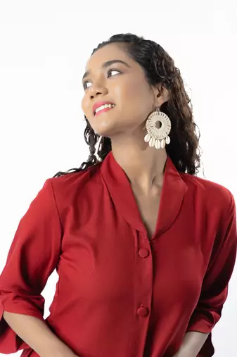 Maroon shawl collar shirt with curved sleeves