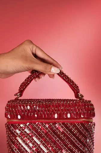 Red sequenced suede base cube bag