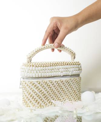 Beige sequenced suede base cube bag 1