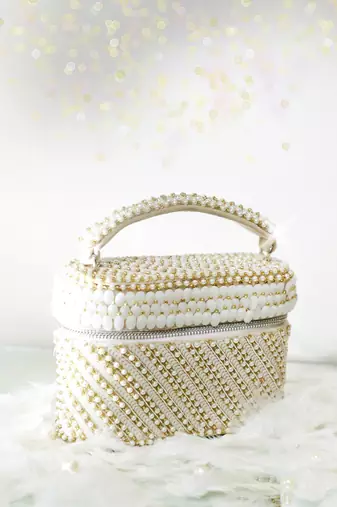 Beige sequenced suede base cube bag