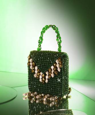Semi velvet suede based green handbag with crystal bead work 2