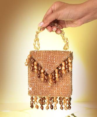 Semi velvet  suede based gold handbag with crystal bead work 1