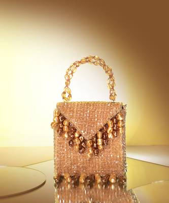 Semi velvet  suede based gold handbag with crystal bead work 2
