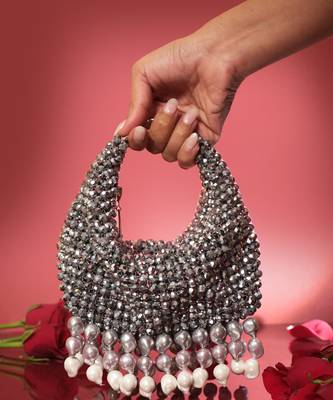 Grey potli bag with crystal work and keshi pearl latkans 1